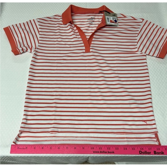Puma Women's Everyday Striped White Glow/Salmon Pique Polo Shirt Multiple Sizes - Picture 1 of 16